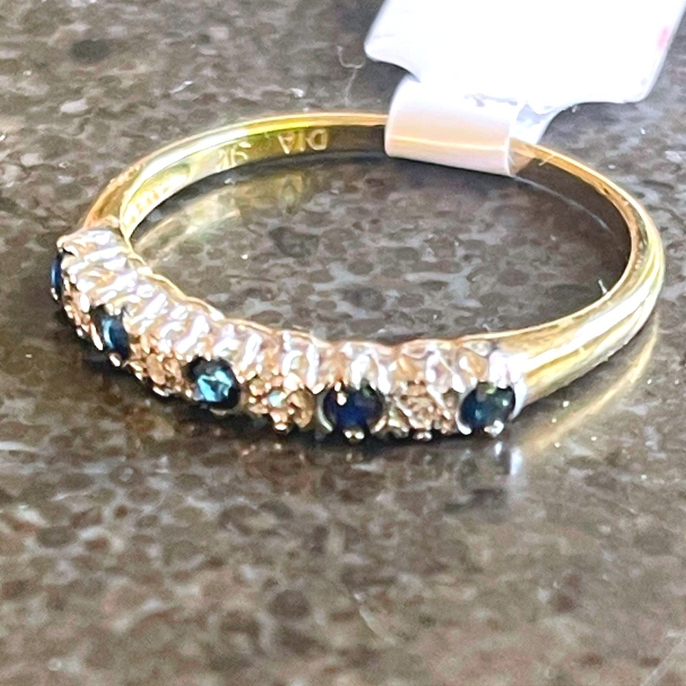 9K Gold Diamond Sapphire Band Ring Size 6– Vintage Style Blue Gemstone Jewelry - Picture 4 of 5